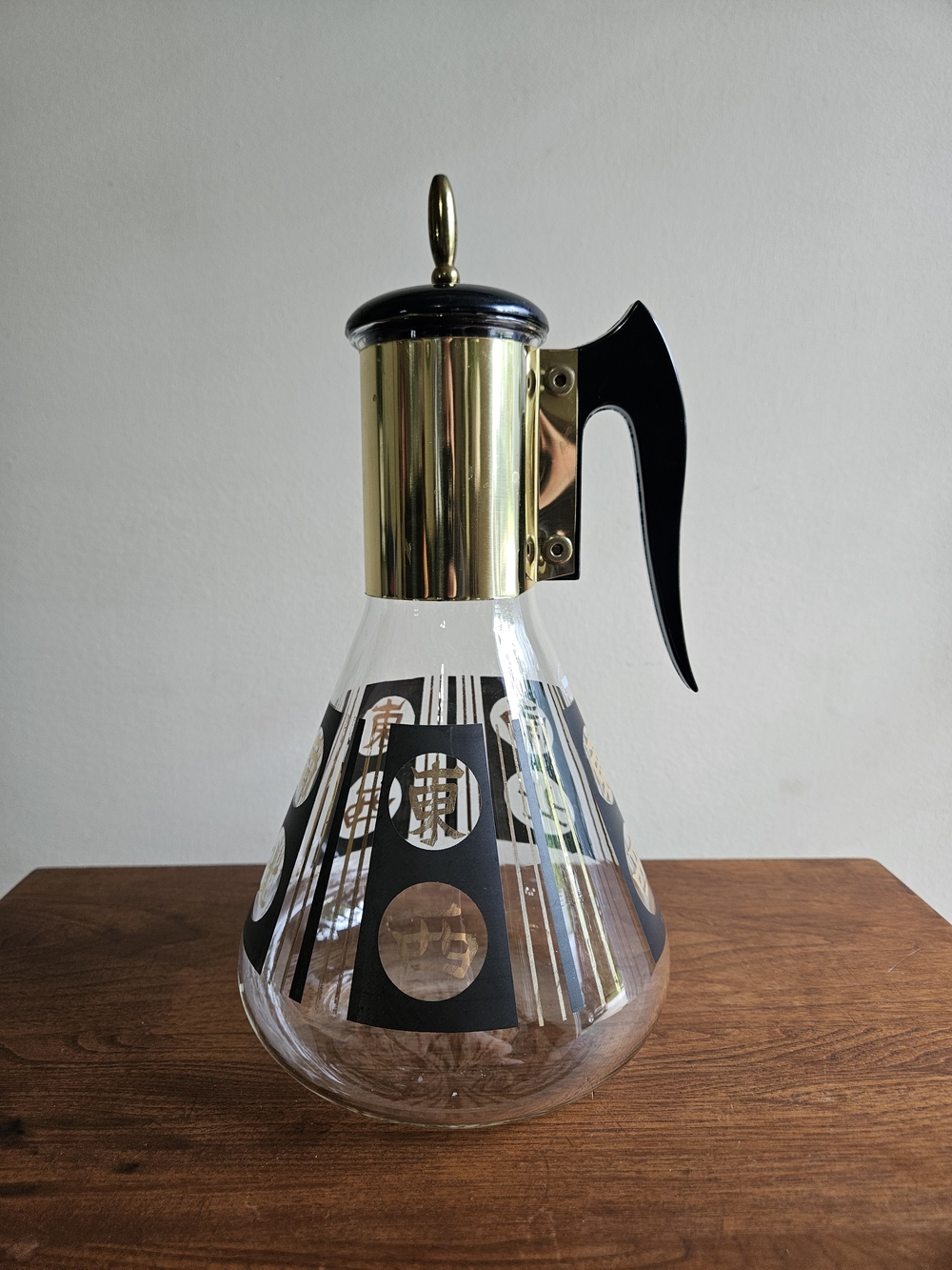 Corning Glass Coffee Carafe with Gold Trim and Black Handle